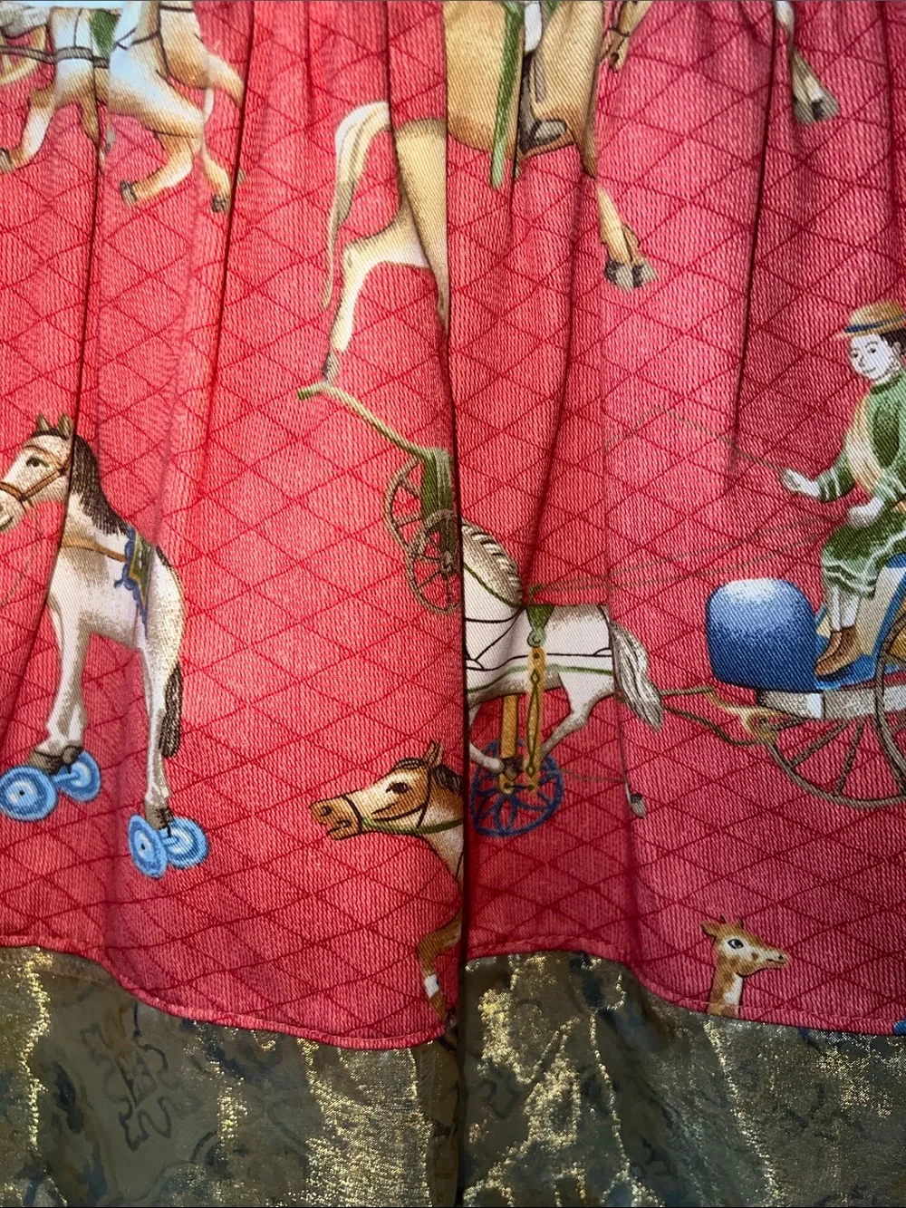 Vintage White & Red Carousel-Print Girls Dress with Gold Trim